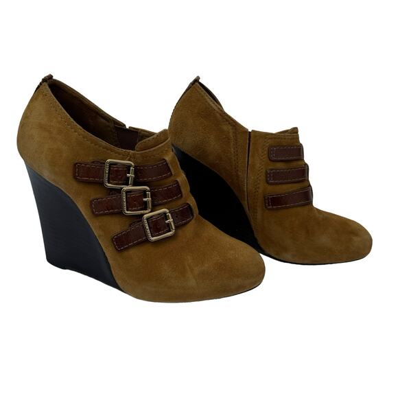 Tory Burch Gabrielle Brown Suede Wedge Booties Almond Toe & Tri-Buckle, Size 7M - Picture 2 of 12